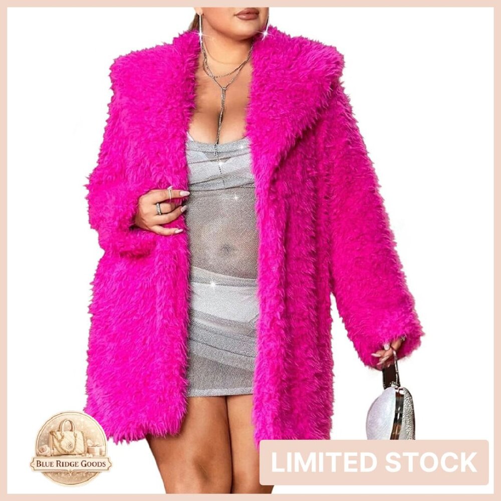 Plus Size Fuzzy Coat Open Front Statement Waterfall Collar Long Sleeves Chic
